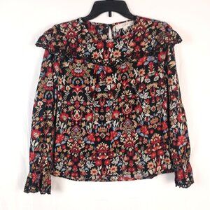 Ann Taylor LOFT Floral Print Cotton Blouse Scalloped Yoke Long Sleeve Top Women